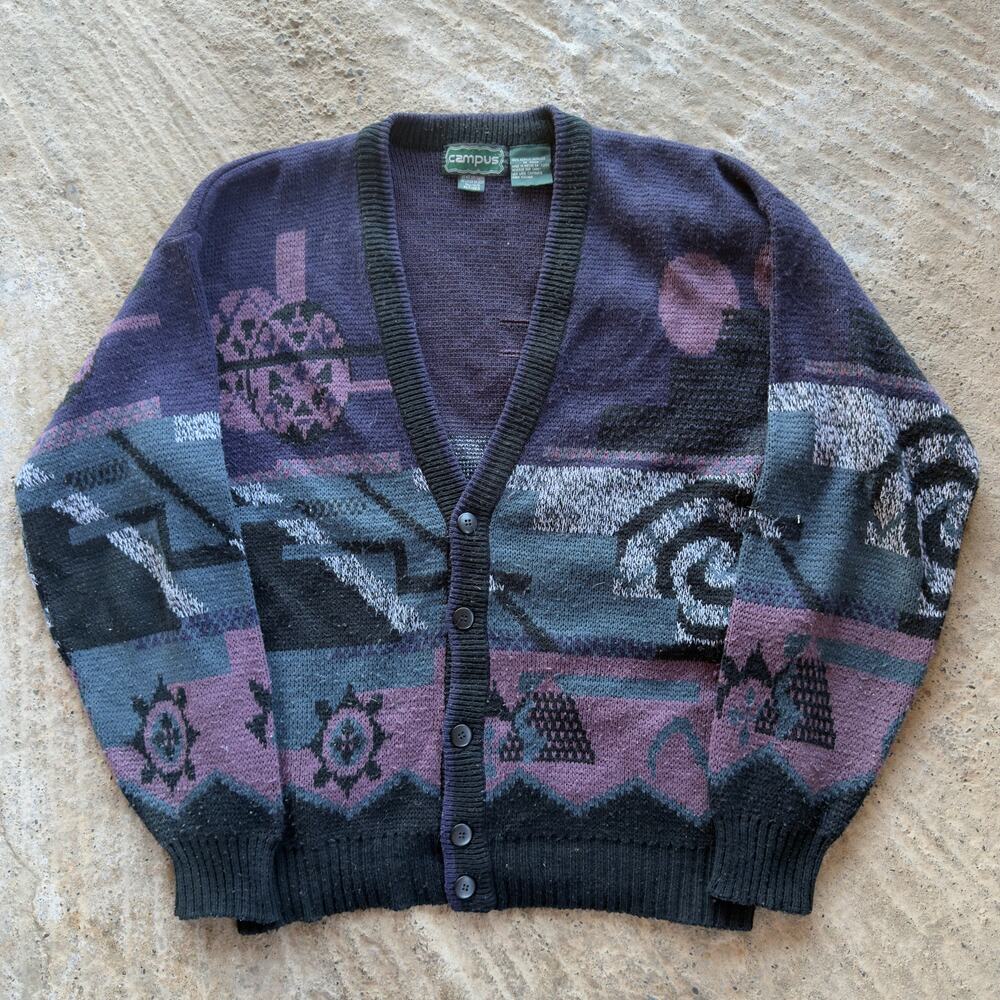 Vtg Campus Cardigan Sweater Korea Pattern Geometric Knit Men's XLT 80s Purple